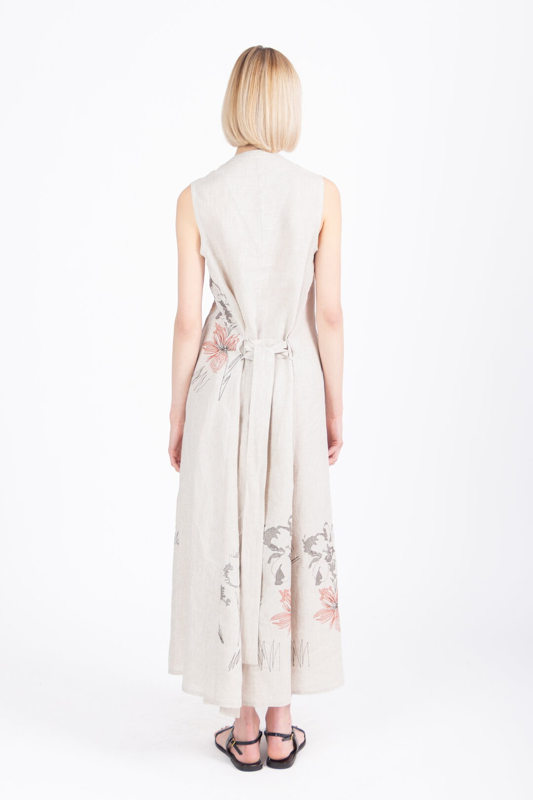 Linen Dress with Embroidery, Floral Pattern