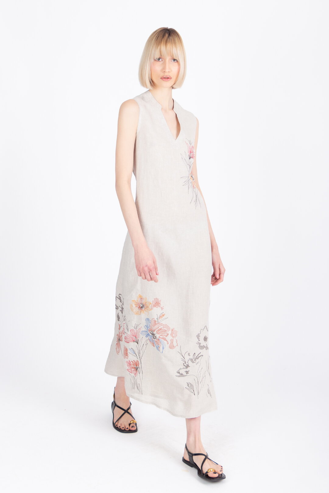 Linen Dress with Embroidery, Floral Pattern
