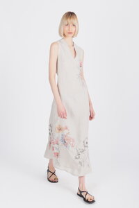 Linen Dress with Embroidery, Floral Pattern