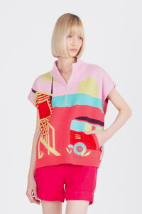 Sleeveless Pullover with Zipper, Urban Fun Pattern