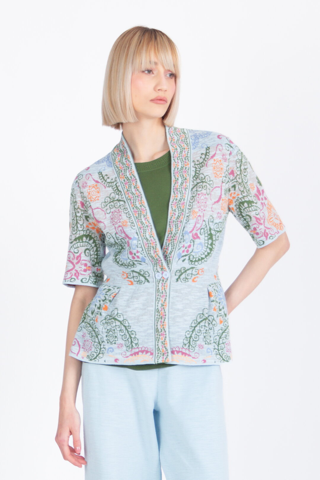 Cardigan mit V-Ausschnitt, Ornament Motiv