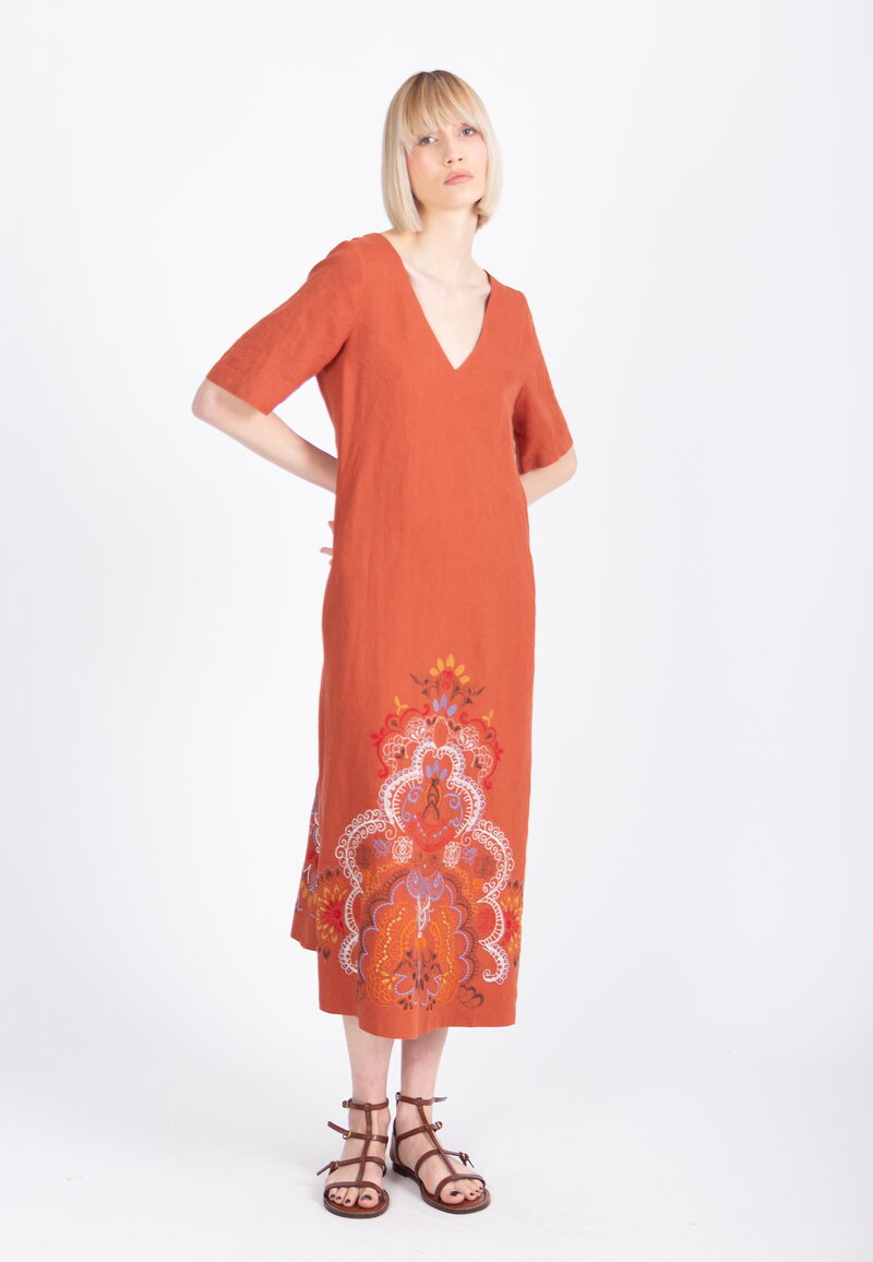 Linen Dress with Embroidery, Ornament Pattern - Bronze - Dresses