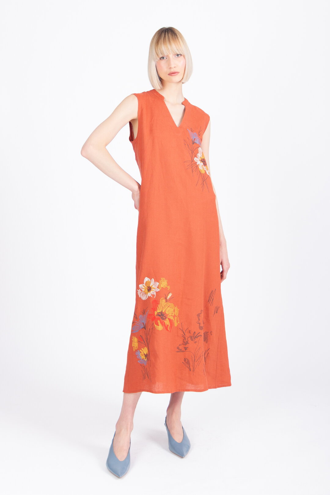 Linen Dress with Embroidery, Floral Pattern