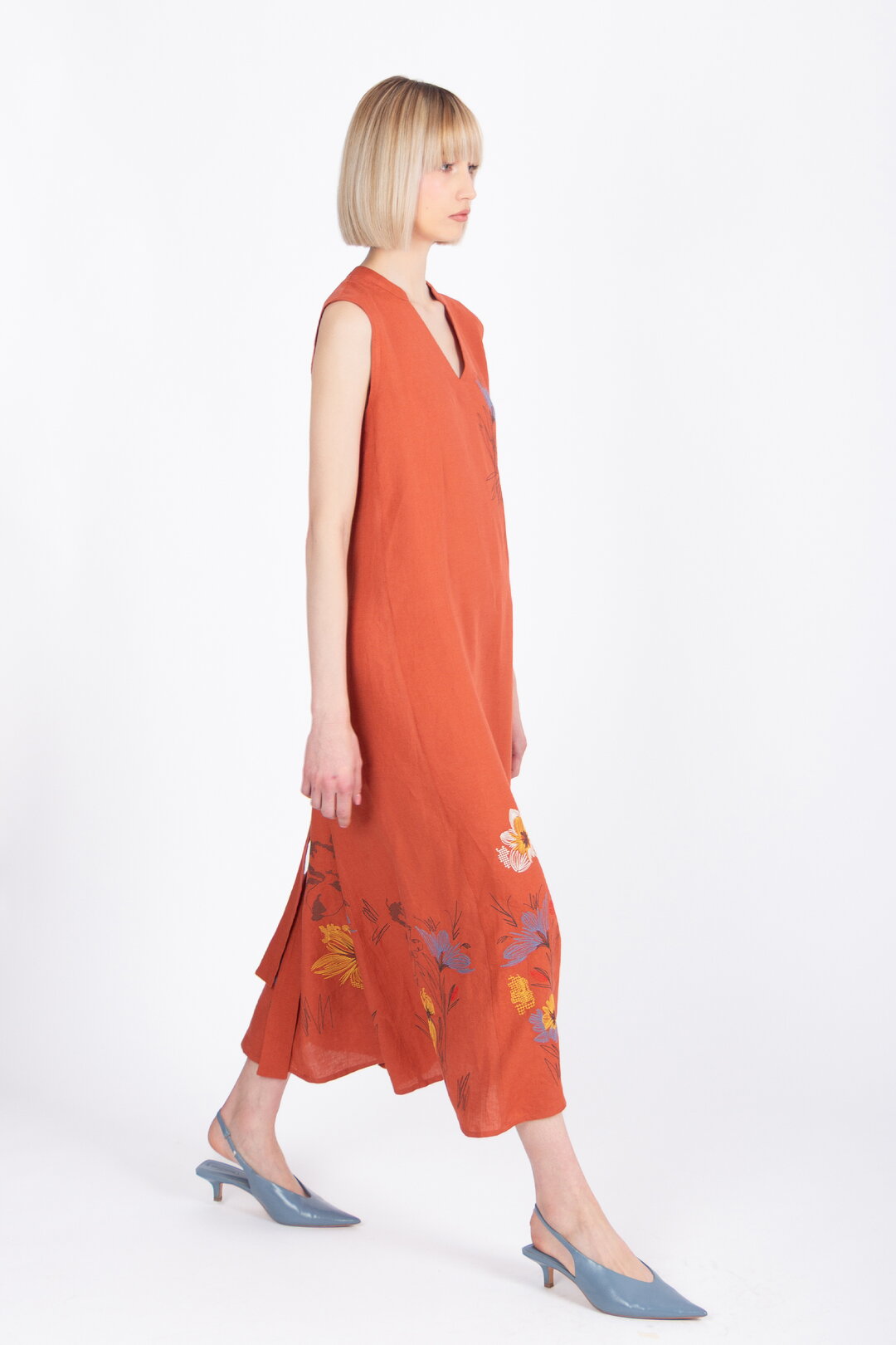 Linen Dress with Embroidery, Floral Pattern