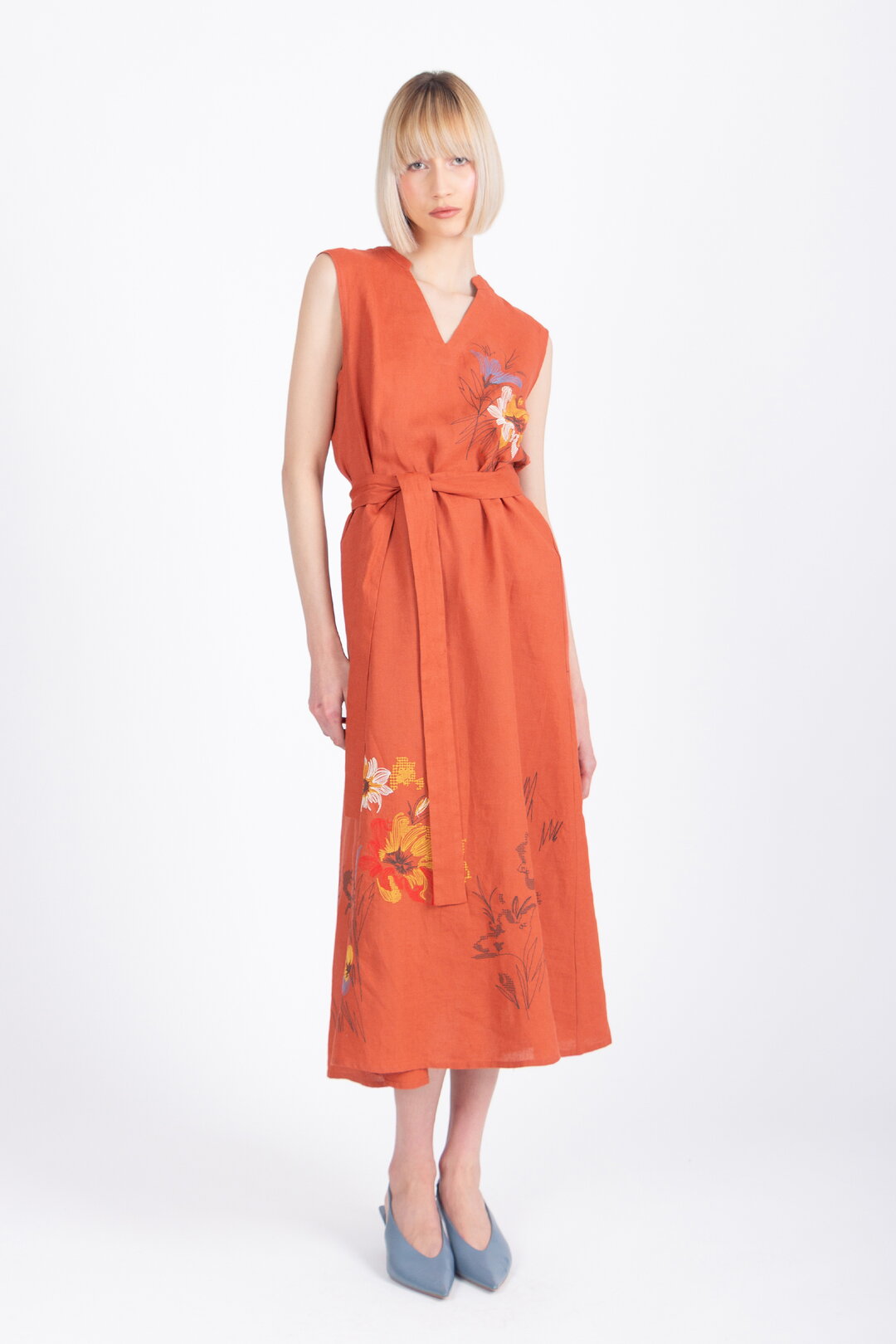 Linen Dress with Embroidery, Floral Pattern