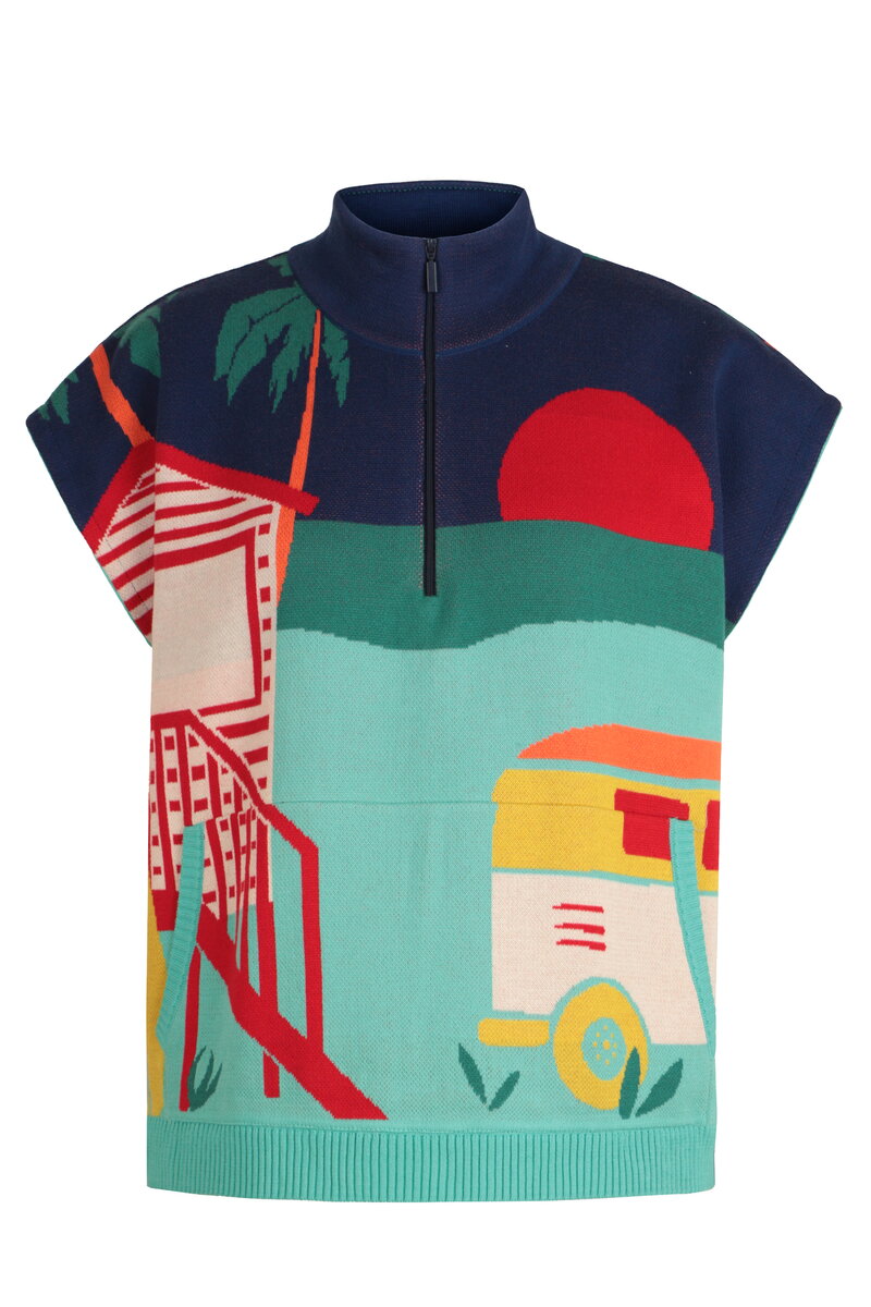 Sleeveless Pullover with Zipper, Urban Fun Pattern