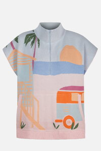 Sleeveless Pullover with Zipper, Urban Fun Pattern